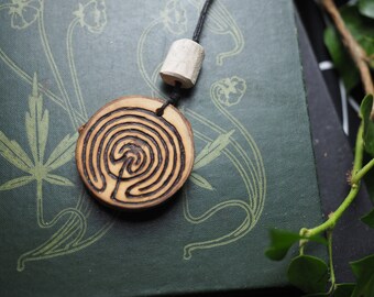 Avalon Aspen Wood Labyrinth Wood  Pendant - Meditation - Pagan, Wiccan, Witchcraft, 7-walled Tintagel Labyrinth, pyrography