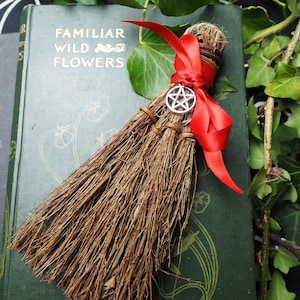 Cinnamon Broom or Besom with Pentagram & Red Ribbon - Yule Ornament - Pagan, Wicca, Witchcraft, Pentacle,