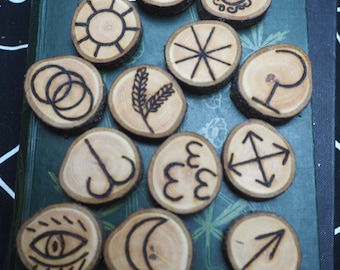 13 Hand-crafted Avalon Blackthorn Wood Witches Runes - with Bag & Information sheet - Pagan, Witchcraft, Wicca, Ogham Tree