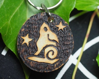 English Rowan Wood Star Hare Keychain - Protection while Traveling - Pagan, Wicca, Witchcraft, Septagram, Elven star