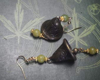Hare & Bird Bell Earrings with Green Jade Transformation - Rabbit - Pagan, Wicca, Spring, Protection, chime
