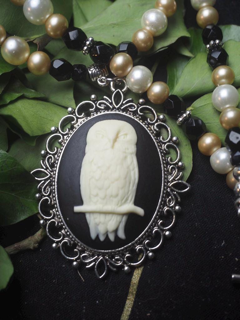 The Wise Old Owl - Cameo & Pearl Necklace with Vintage Beads - Witchcraft, Ecowitch
