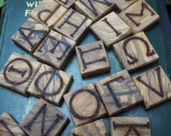 24 Stunning Greek Olive Wood Alphabet Tablets - Pagan, Witchcraft, Divination, Handmade, Ancient Greek, Greece