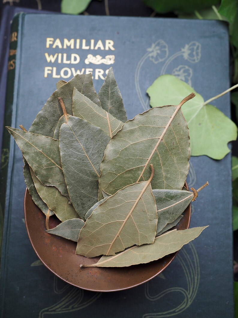 May include: A pile of dried bay leaves in a copper bowl. The leaves are green and brown and have a distinct veined pattern. The bowl is sitting on a book with the title "Familiar Wild Flowers" visible.