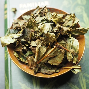May include: A round, matte brown ceramic bowl filled with a heap of dried, crinkled green and brown leaves. The leaves have visible veins and stems, showing a variety of textures and shades of olive, sage, and dark brown, piled high in the center.
