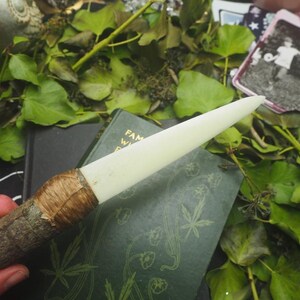 May include: A handcrafted wand with a light-colored, pointed tip and a wooden handle wrapped with natural fiber. The wand rests on a dark green book with botanical illustrations, surrounded by green leaves and other mystical items.