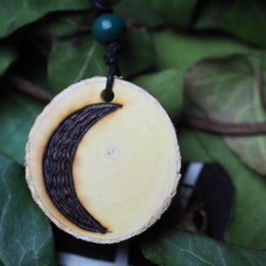 Spindle Wood Crescent Moon Pendant - Spinning Magic, Norns - For Pagans, Witches, Wiccans, Ogham Tree, Forfedha