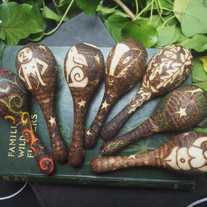 Mini Witches Wooden Rattle - Hare, Sheela Na Gig, Goddess, Rainbow Spiral, Greenman, Badger, Snake