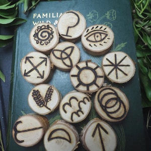 May include: A collection of wooden rune stones with various symbols burned into the surface. The runes are arranged on a dark green book with the title "FAMILIAR WILD &" visible. Green foliage surrounds the objects, creating a natural aesthetic.