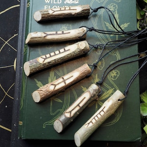 May include: Five wooden pendant necklaces with carved symbols, each suspended from a black cord. The pendants are cylindrical, made from natural wood, and rest on a green book with gold lettering. The book's title reads "Familiar Wild Flowers."