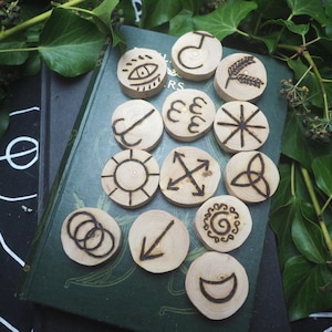 May include: A collection of wooden rune stones with various symbols burned into the surface. The runes are arranged on a green book, surrounded by green foliage. The symbols include an eye, arrows, and a spiral.