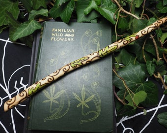 English Hawthorn Wood Leaf & Spiral Wand - Pagan, Wicca, Witchcraft, Ogham, Folk Magic, Beltane