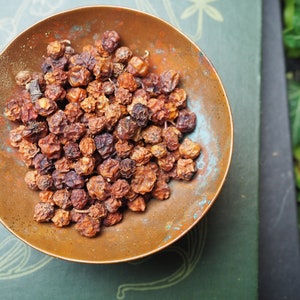 May include: A copper-colored bowl filled with dried, brown berries. The bowl has a slightly raised rim and sits on a green surface. The berries are small and clustered together, with a textured appearance. The background includes green foliage.