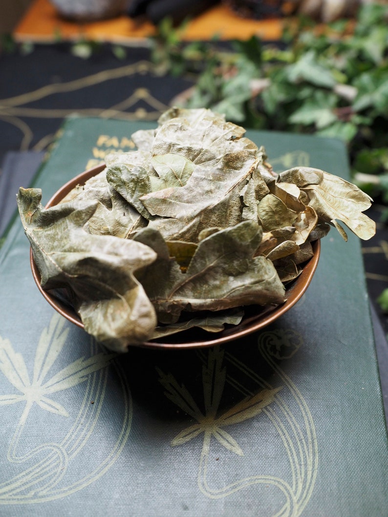 May include: A small copper bowl filled with dried, light brown leaves. The bowl is sitting on a green surface with a white pattern.