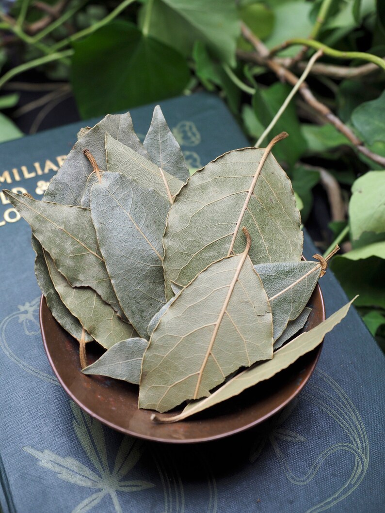 May include: A small copper bowl filled with dried bay leaves. The bowl is sitting on a green book with a floral design.