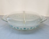 Pyrex Turquoise Snowflake Divided Dish, 063, 1 1 2 Quart. 1956 to 1963