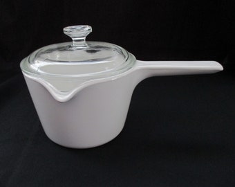 Vintage, Corning Ware, M-68, White, Double Spouted Sauce Pot, Dual Spouted Saucepan, 1 Quart, with Original Lid. 1970's