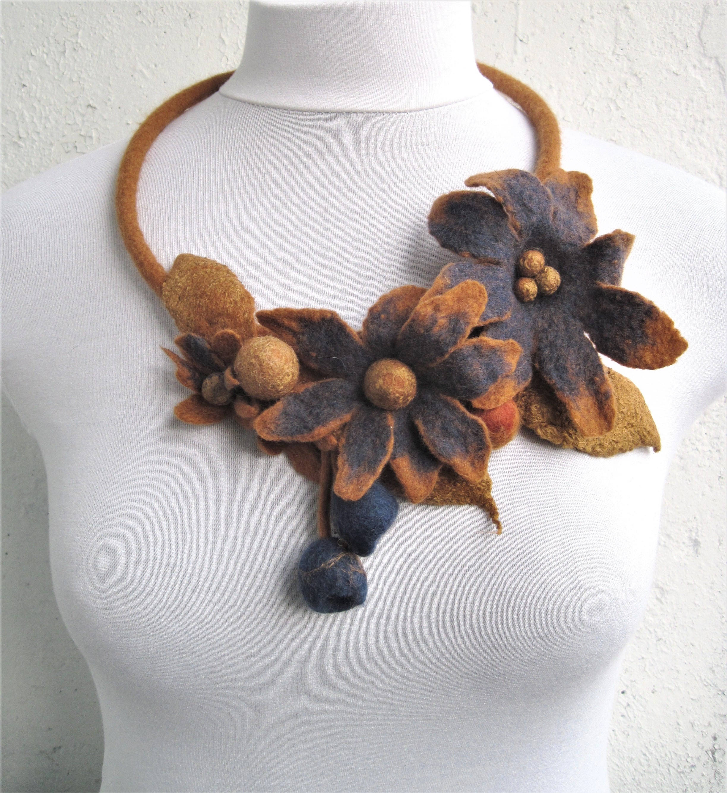 Felt flowers necklace Wool flowers Felt statement necklace Etsy