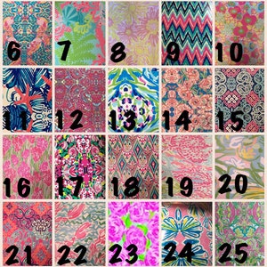 May include: A collection of 30 fabric samples, each displaying a different vibrant pattern. The designs feature floral, geometric, and abstract motifs in shades of pink, blue, green, and orange. Numbers 1-30 are printed on each swatch.