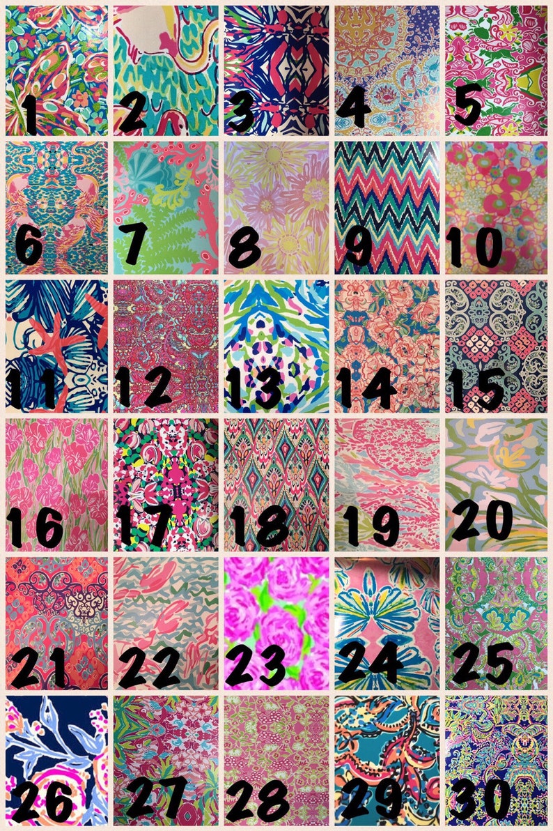 May include: A collection of 30 fabric samples, each displaying a different vibrant pattern. The designs feature floral, geometric, and abstract motifs in shades of pink, blue, green, and orange. Numbers 1-30 are printed on each swatch.