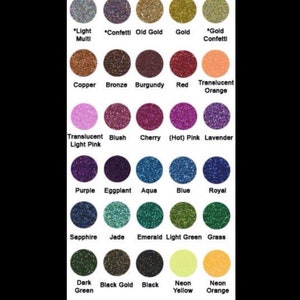 Puede incluir: Una tabla de 24 colores de purpurina diferentes, cada color est&aacute; representado por un peque&ntilde;o c&iacute;rculo de purpurina. Los colores incluyen: transparente, blanco, plata, negro, multi-luz, confeti, oro viejo, oro, confeti dorado, cobre, bronce, burdeos, rojo, naranja transl&uacute;cido, rosa claro transl&uacute;cido, rubor, cereza, rosa intenso, lavanda, morado, berenjena, aguamarina, azul, real, zafiro, jade, esmeralda, verde claro, hierba, verde oscuro, oro negro, negro, amarillo ne&oacute;n, naranja ne&oacute;n, rosa ne&oacute;n, morado ne&oacute;n, azul ne&oacute;n y verde ne&oacute;n.