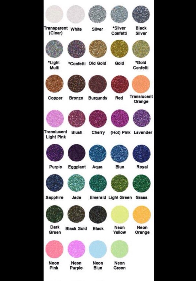 Puede incluir: Una tabla de 24 colores de purpurina diferentes, cada color est&aacute; representado por un peque&ntilde;o c&iacute;rculo de purpurina. Los colores incluyen: transparente, blanco, plata, negro, multi-luz, confeti, oro viejo, oro, confeti dorado, cobre, bronce, burdeos, rojo, naranja transl&uacute;cido, rosa claro transl&uacute;cido, rubor, cereza, rosa intenso, lavanda, morado, berenjena, aguamarina, azul, real, zafiro, jade, esmeralda, verde claro, hierba, verde oscuro, oro negro, negro, amarillo ne&oacute;n, naranja ne&oacute;n, rosa ne&oacute;n, morado ne&oacute;n, azul ne&oacute;n y verde ne&oacute;n.