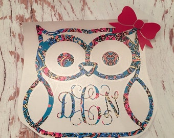 Owl Monogram Decal / Yeti Decals / Owl /sticky decals / lily inspired owl decal / cup decal / monogram owl with bow decal