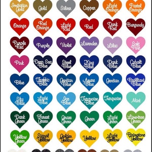 May include: A colour chart displaying heart-shaped swatches, each labelled with a different colour name. The colours range from classic hues like red and blue to unique shades like "Ultra Melon" and "Telegray". The text "Sassee's Treasure's" is at the top.