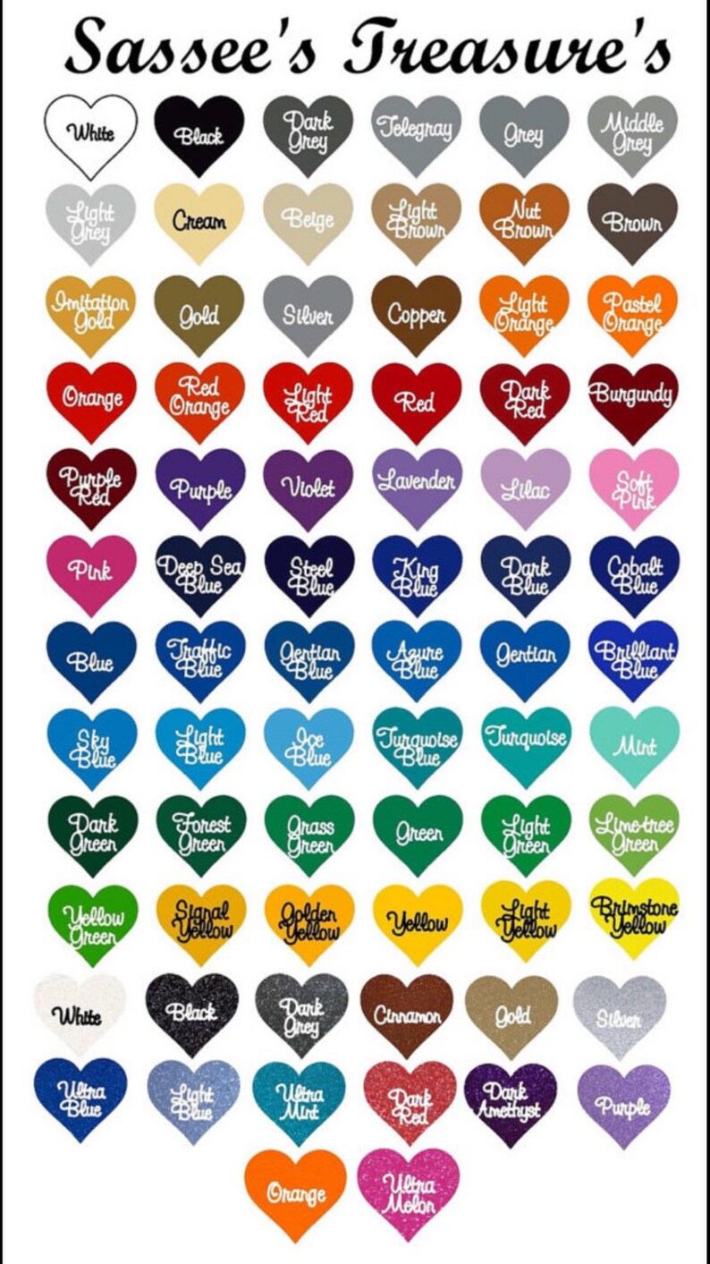May include: A colour chart displaying heart-shaped swatches, each labelled with a different colour name. The colours range from classic hues like red and blue to unique shades like "Ultra Melon" and "Telegray". The text "Sassee's Treasure's" is at the top.