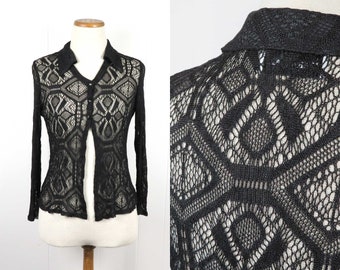 Vintage 90s Black Lace Vest Top. Holiday Party Vest. Long Sleeve. Tara Hall Petite.