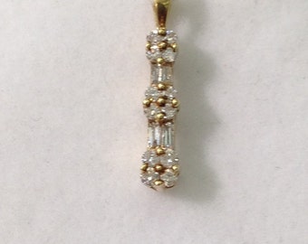 Yellow Gold Diamond Drop Pendant - Baguette and Round Diamonds 14k