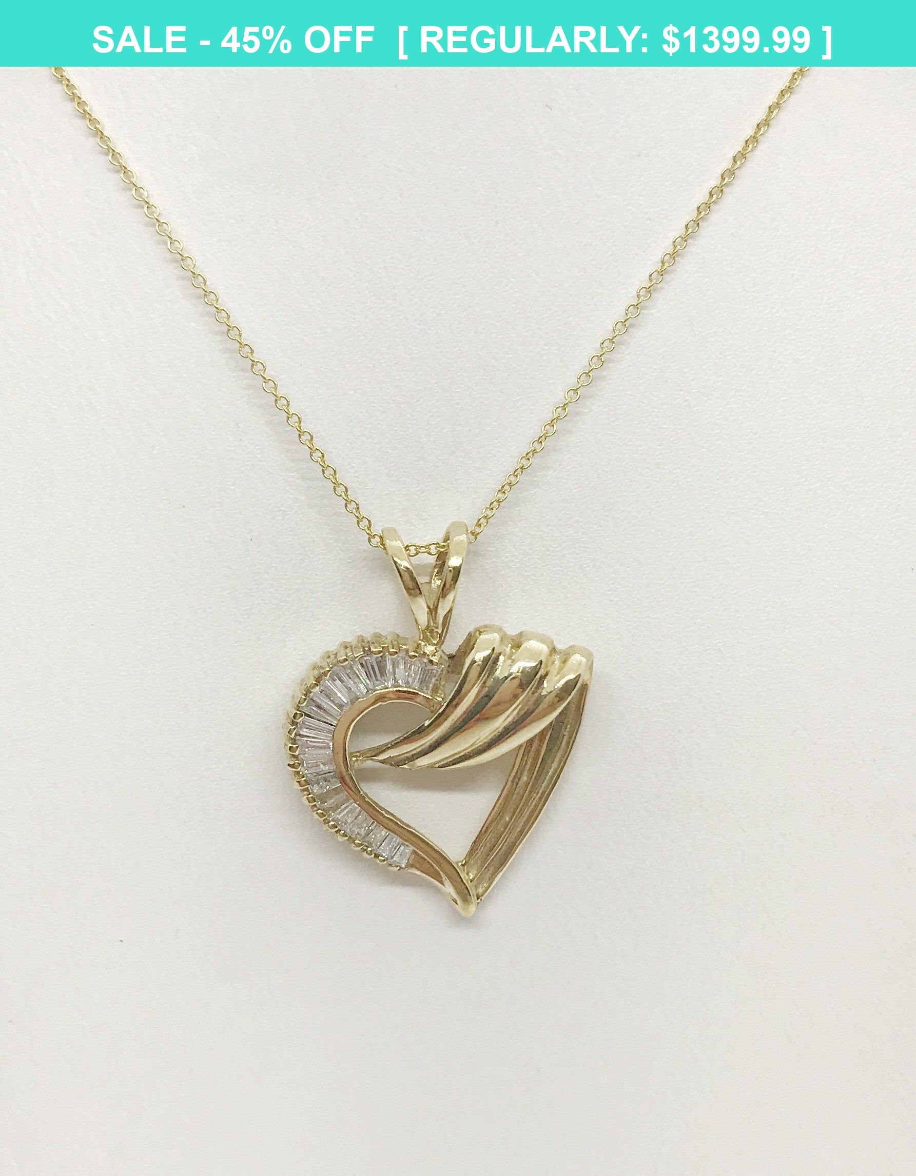 Baguette Diamonds Heart Shaped Pendant In 14k Yellow Gold By Etsy