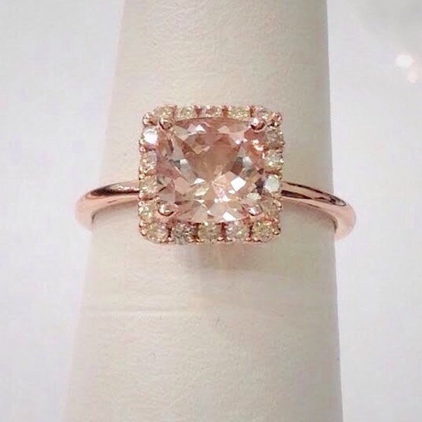 Morganite Rose Gold Ring - Square Cushion Cut with Diamond Halo by Luxinelle
