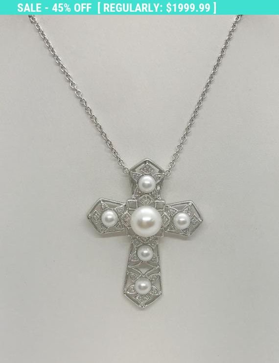 Pearl And Diamond Cross Pendant 14k White Gold By Luxinelle - Big Diamond Cross Pendant Pearl And Diamond Cross Pendant 14k White Gold By Luxinelle - Big Diamond Cross Pendant
