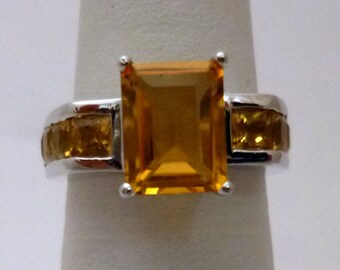 Emerald Cut Natural Citrine Ring - 14K White Gold, November Birthstone Birthdays - Orange Gemstone