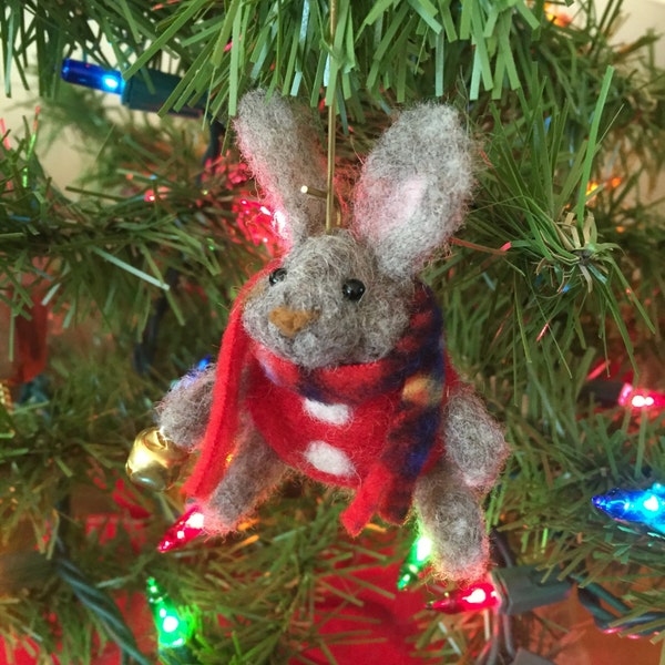 Needle felted rabbit Christmas ornament, wool felt animal, handmade storybook buNNY, babys first Christmas