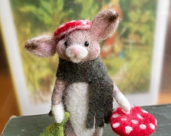 Felted wool bunny rabbit with mushrooms, needle felted animals, enchanted forest