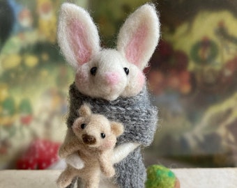 Felted wool bunny rabbit with teddy bear, whimsical needle felted animals, woodland forest animal, Valentine gift, baby child room decor,