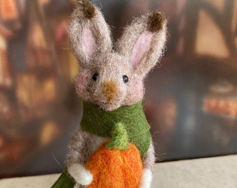 Needle felted rabbit with pumpkin, wool hare, fiber animal, felted bunny, autumn critter,