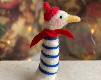 Needle felted French goose with sailor shirt and beret, felted bird, duck art doll, Childs room decor, storybook character, soft sculpture