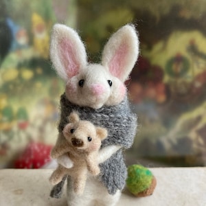 Felted wool bunny rabbit with teddy bear, whimsical needle felted animals, woodland forest animal, Valentine gift, baby child room decor,