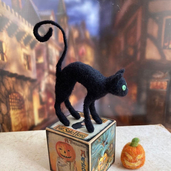 Needle felted wool Halloween black cat with spooky block, felted pet animals