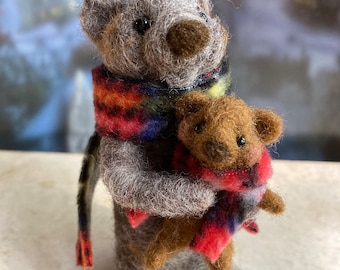 Felted wool teddy bear with stuffie, needle felted animal, grizzly bear, handmade woodland critter