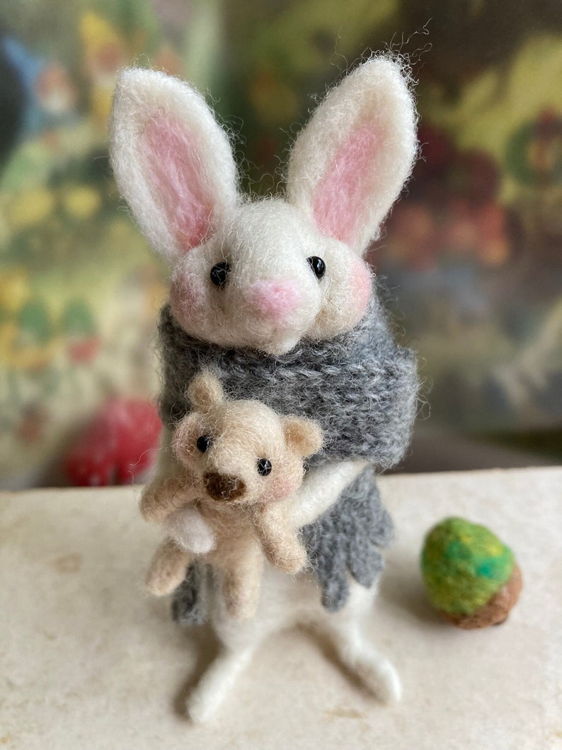 Felted Wool Bunny Rabbit With Teddy Bear, Whimsical Needle Felted ...