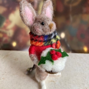 Needle felt Christmas bunny rabbit, woodland animal, felted hare with figgy pudding