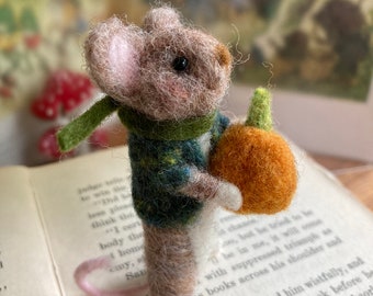 Needle felted wool mouse and pumpkin, felted animal, whimsical woodland mice
