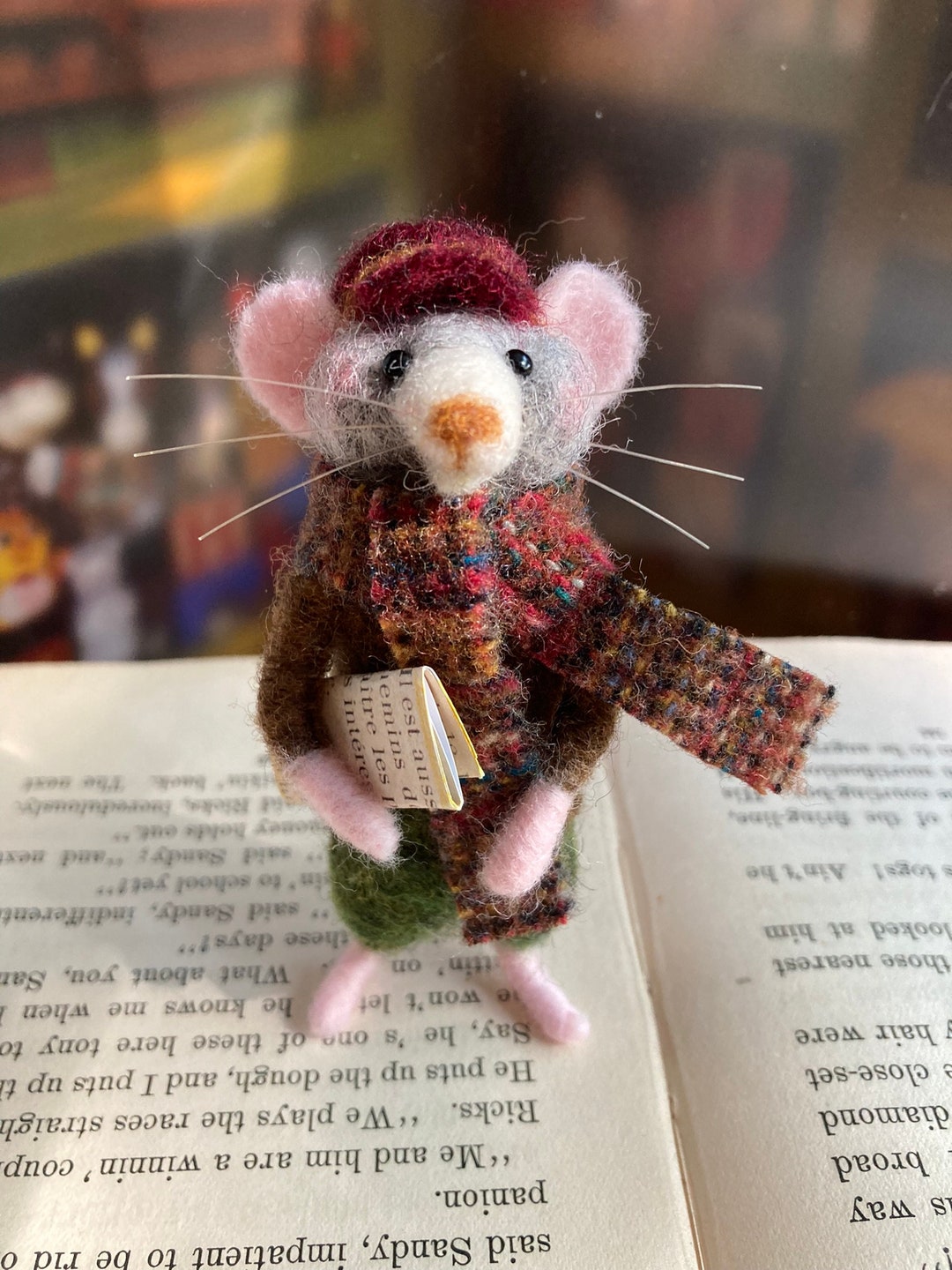 Needle Felted Mouse With Newsboy Cap and Wool Scarf, Dollhouse