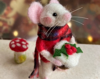 Needle felted small white Christmas mouse with figgy pudding and tartan scarf, wool mice