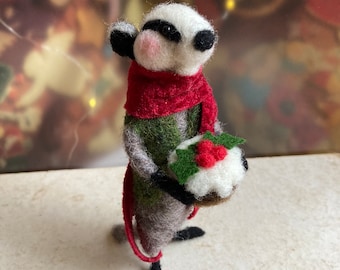 Needle felted Christmas badger, felted wool animals, storybook fairytale European badger, cottagecore