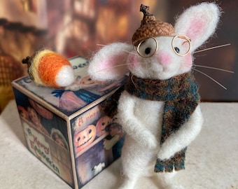 Felted Halloween bunny rabbit with spooky block, wool animals, needle felt hare
